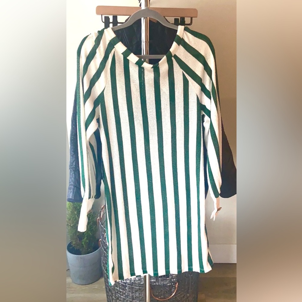S 🔖 ZARA Trafaluc Long Sleeve Shift Dress Green White Stripe